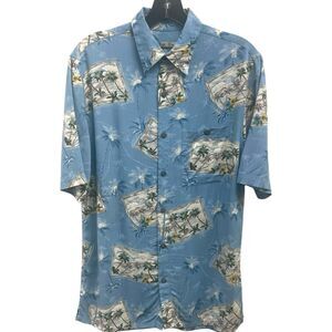 Vintage Batik Bay Men's Small Hawaiian Button Down Shirt Palm‎ Trees Light Blue